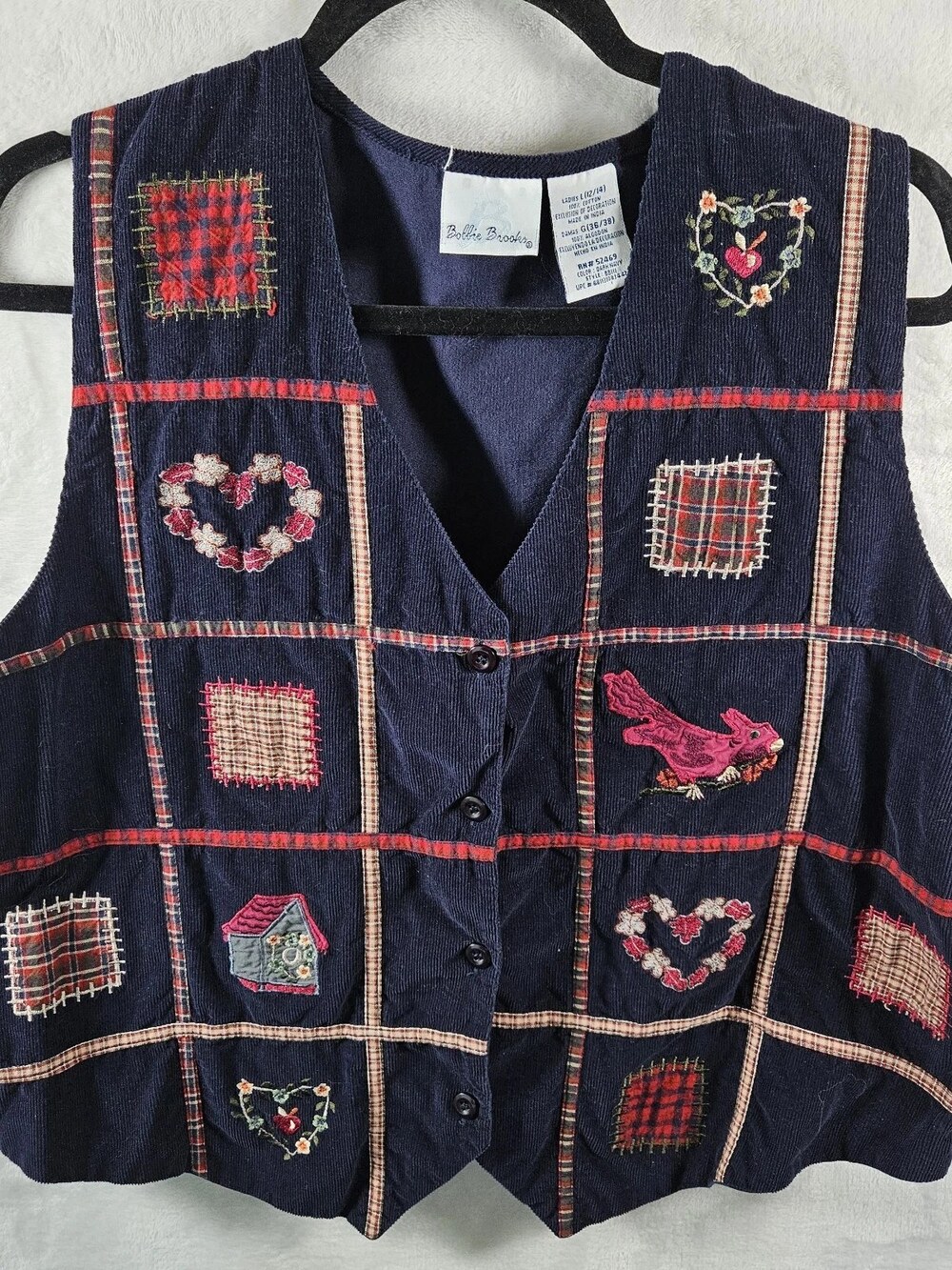Bobbie Brooks Corduroy Vest Dark Navy Patchwork Embroidered Cardinal Bird Sz L